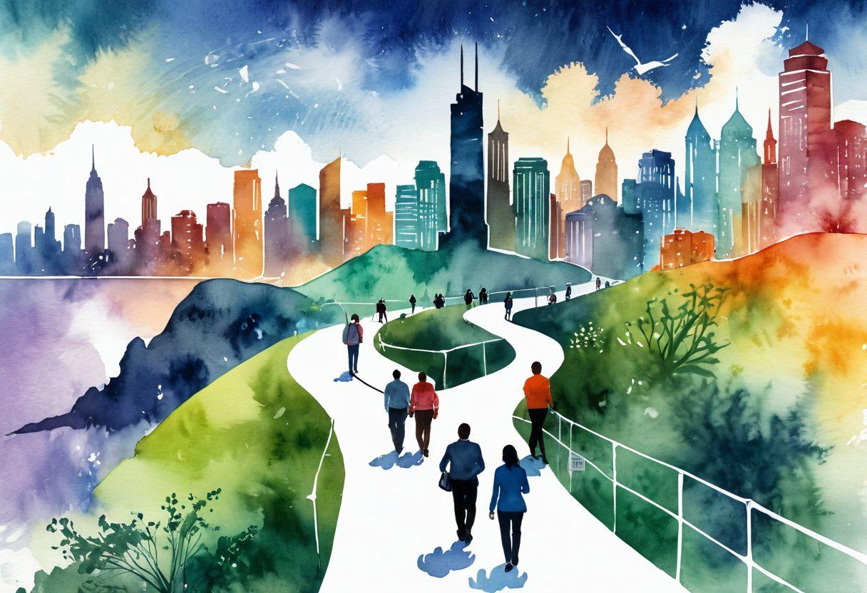 A dynamic illustration of a winding path lined with various career-related resources like books, laptops, and networking tools; a diverse group of job seekers standing at the beginning with determination while an inspiring skyline towers in the background. watercolor. vibrant colors. motivational atmosphere.