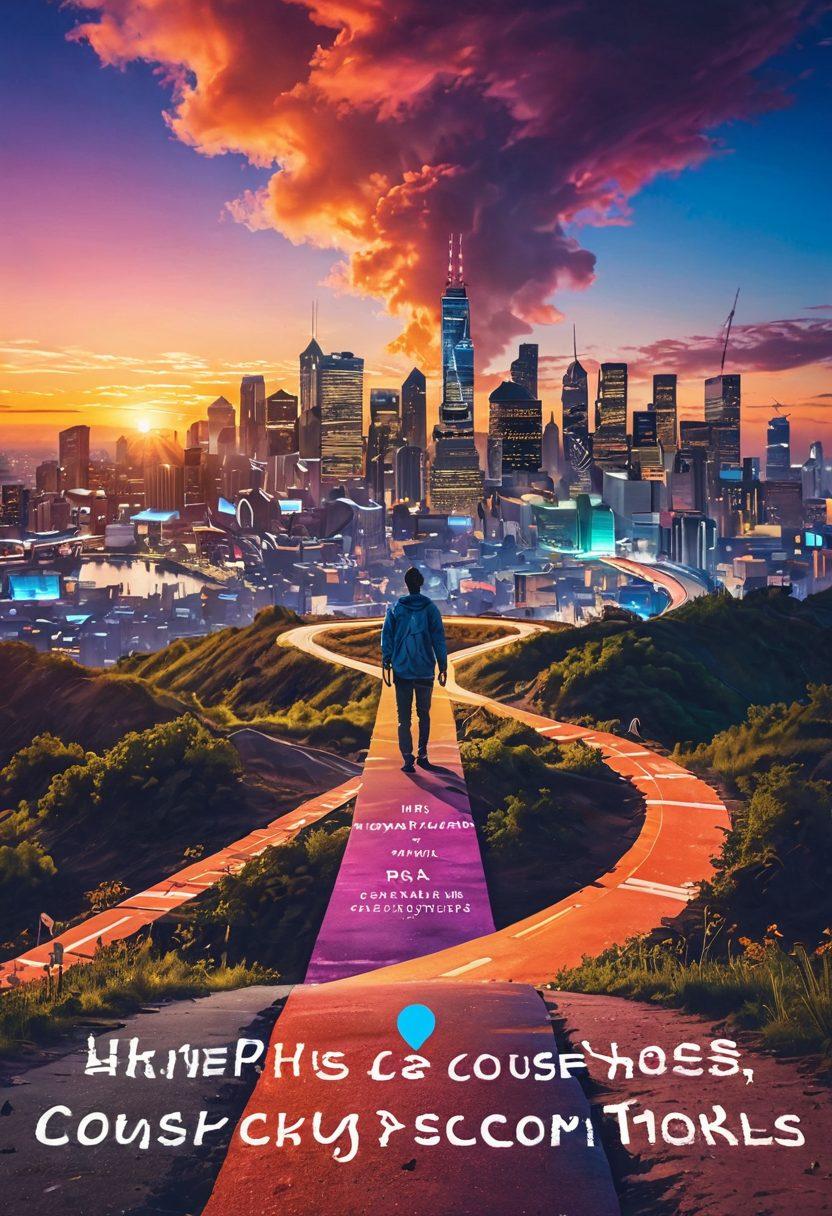 A person standing at a crossroads, with one path leading to a bright city skyline representing career growth, and the other path lined with books and tools symbolizing skills and knowledge. The sky is filled with vibrant colors of dawn, symbolizing new opportunities. Include motivational quotes subtly in the background. super-realistic. vibrant colors. inspirational.