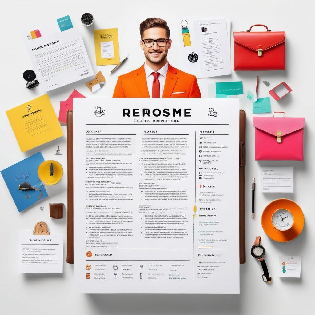 A visually appealing collage showcasing a polished resume elegantly displayed in the foreground, surrounded by various symbols of success like a briefcase, a handshake, and interview preparation materials. In the background, a confident job seeker is engaging in a mock interview with a professional interviewer. Incorporate vibrant colors to convey energy and optimism. super-realistic. vibrant colors. white background.